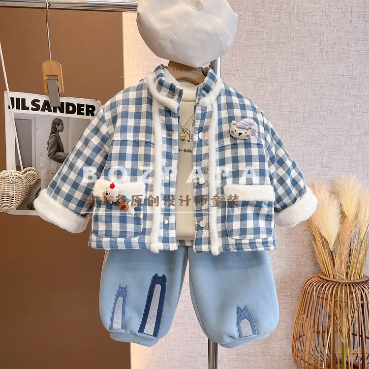 现货啵小爸【清新小方】2025冬季新款男童格纹毛毛边加绒加厚外套