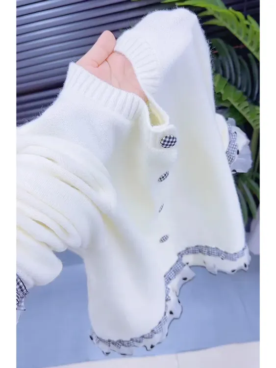 法式小香风白色波点网纱拼接花边针织开衫轻奢高级感木耳边上衣女