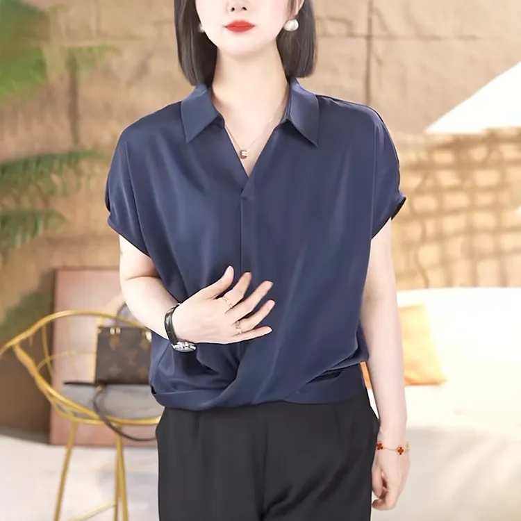 蓝色v领时尚休闲衬衫女夏季2025新款宽松减龄显瘦高级感短袖上衣