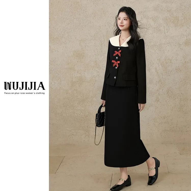 五季家早秋新款韩系甜美减龄秋冬气质黑色两件套套装ZL111070针织