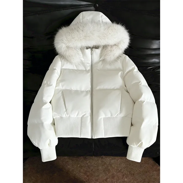 【现货】韩系白色大毛领连帽棉服冬季短款收腰显瘦加厚保暖棉袄外套