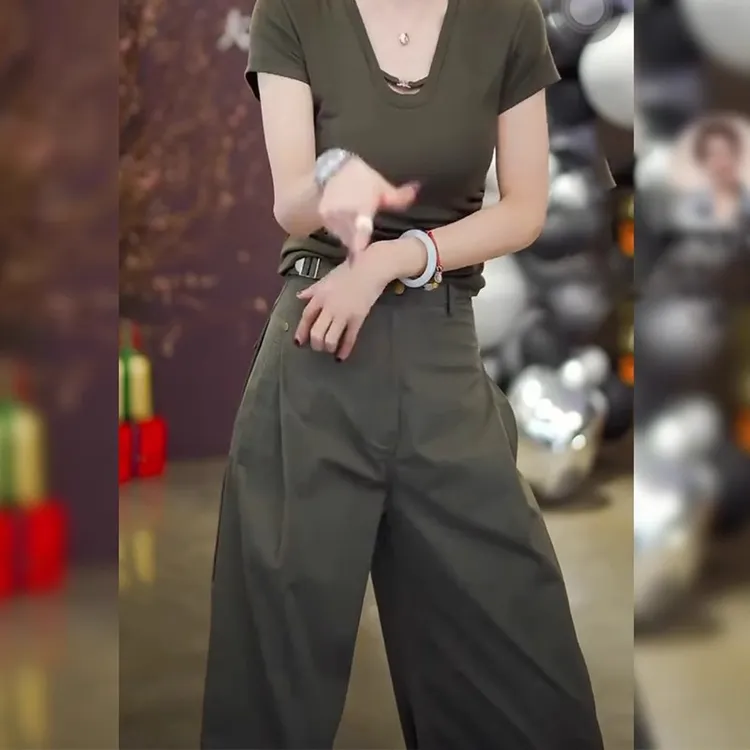 高腰工装裤早秋新款美式高街潮流休闲裤军绿色复古气质简约长裤子