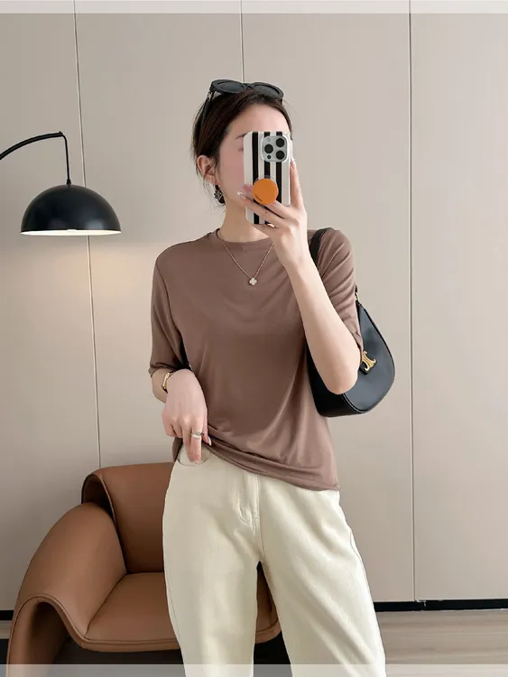 港风透气纯色螺纹圆领镂空五分袖T恤打底衫红色百搭时尚1713款