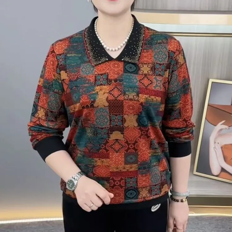 秋季新款时尚翻领烫钻格子洋气妈妈装休闲气质百搭长袖上衣H7012