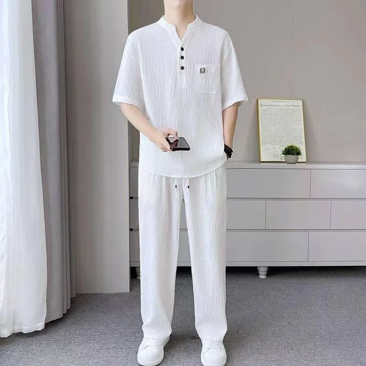 夏季新中式休闲套装男士V领宽松茶服冰丝短袖薄款皱感两件套ww商品图