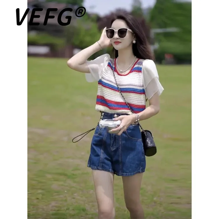 VEFG多巴胺冰丝针织衫女短袖t恤夏季时尚条纹镂空雪纺拼接上衣薄