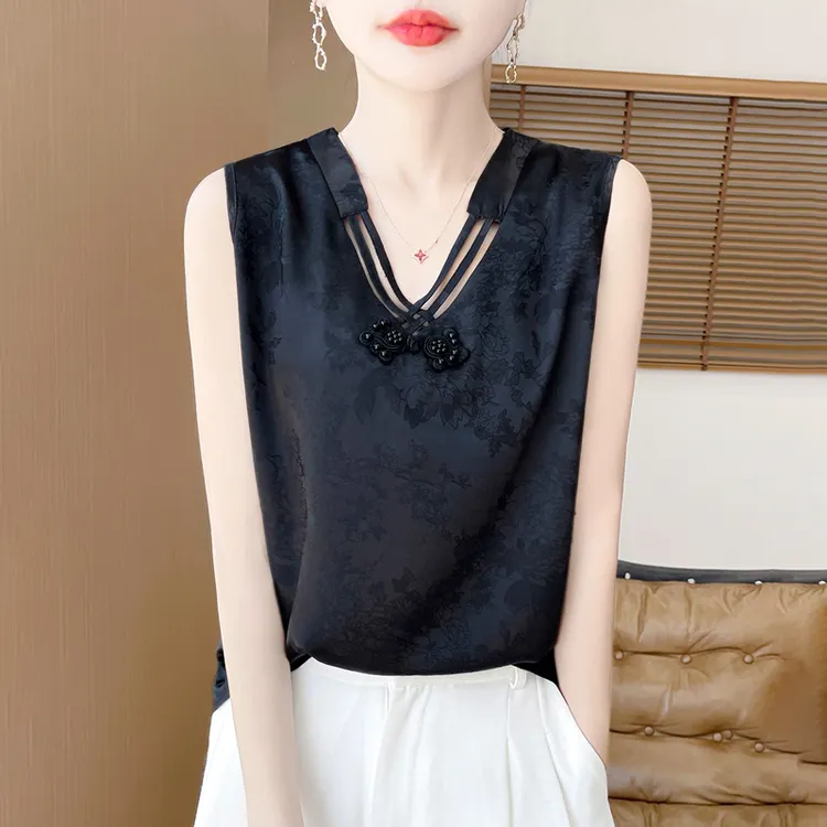 新中式国风缎面吊带背心女V领夏季提花显瘦内搭外穿大码无袖打底