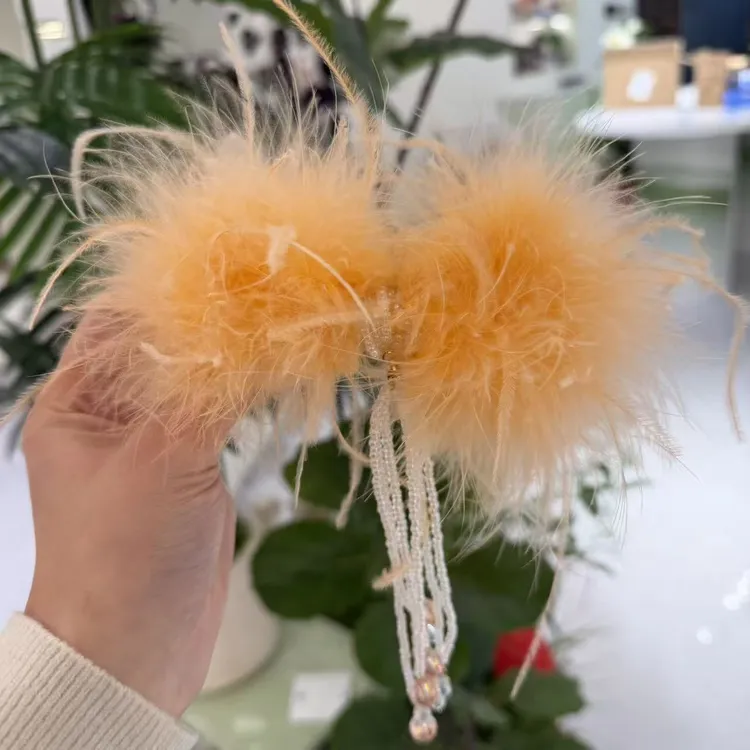 【妲己】韩系新款精致橘橙色鸵鸟羽毛流苏时尚十公分弹夹WM-1303