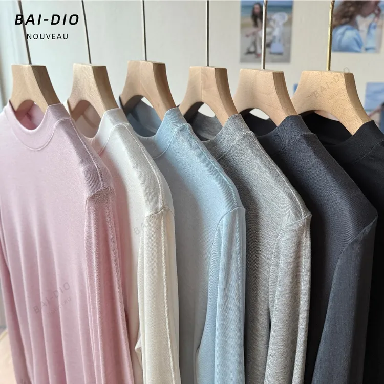 兰精天丝羊毛长袖打底衫春秋宽松内搭小立领面膜T恤纯色t