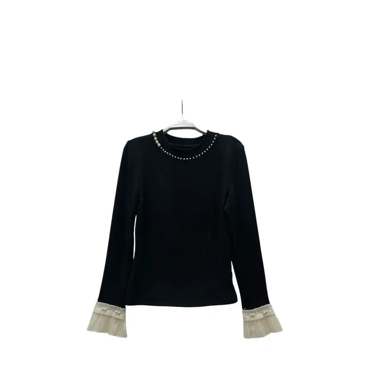 W2501冬季时尚打底衫2025年新款厚款长袖黑色花瓣袖打底T恤上衣