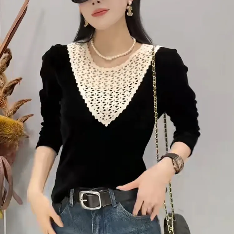 时尚镂空黑色丝绒t恤女2025秋季百搭减龄洋气内搭打底衫长袖上衣
