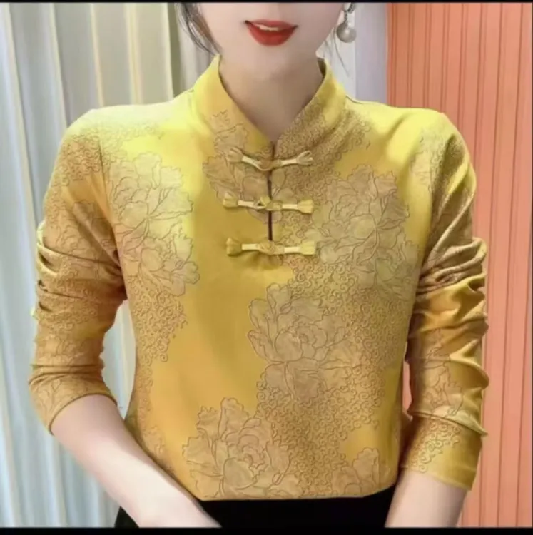 加绒2025冬季立领印花盘扣国风上衣百搭长袖减龄遮肉打底衫