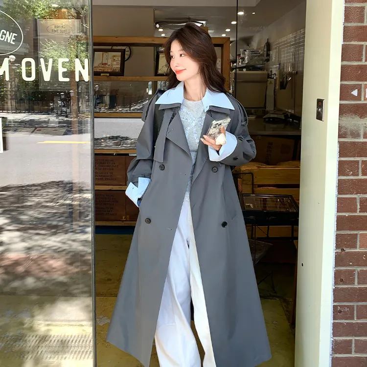 休闲英伦风撞色时尚风衣外套女2025秋季新款独特设计感漂亮长大衣