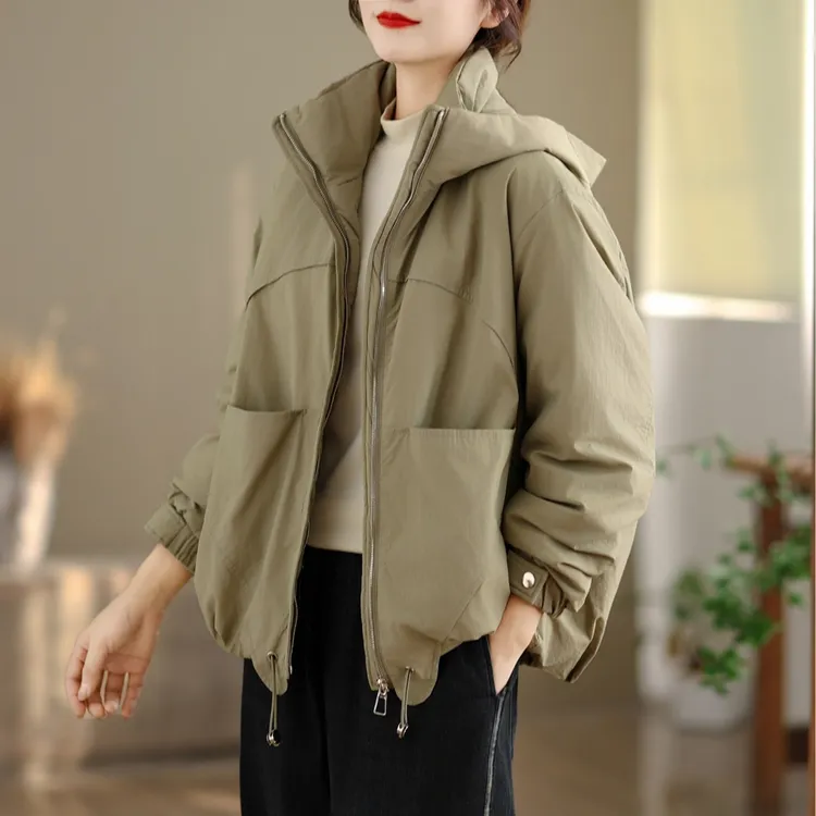 时尚连帽薄棉服女冬季2025冬季宽松百搭保暖抽绳摆开衫纯棉外套