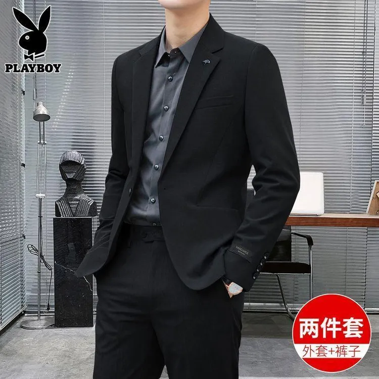 花花公子休闲西装男士正装结婚新郎礼服两件套高级西服套装男秋季