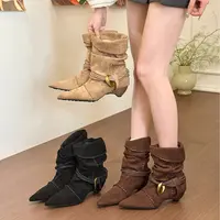 titing古着博主感气质绒面尖头金属扣堆堆靴女秋冬编织两穿短靴