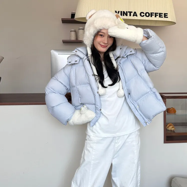 浅蓝色泡芙棉服外套女秋冬2025新款小个子短款美式肯豆面包服棉衣