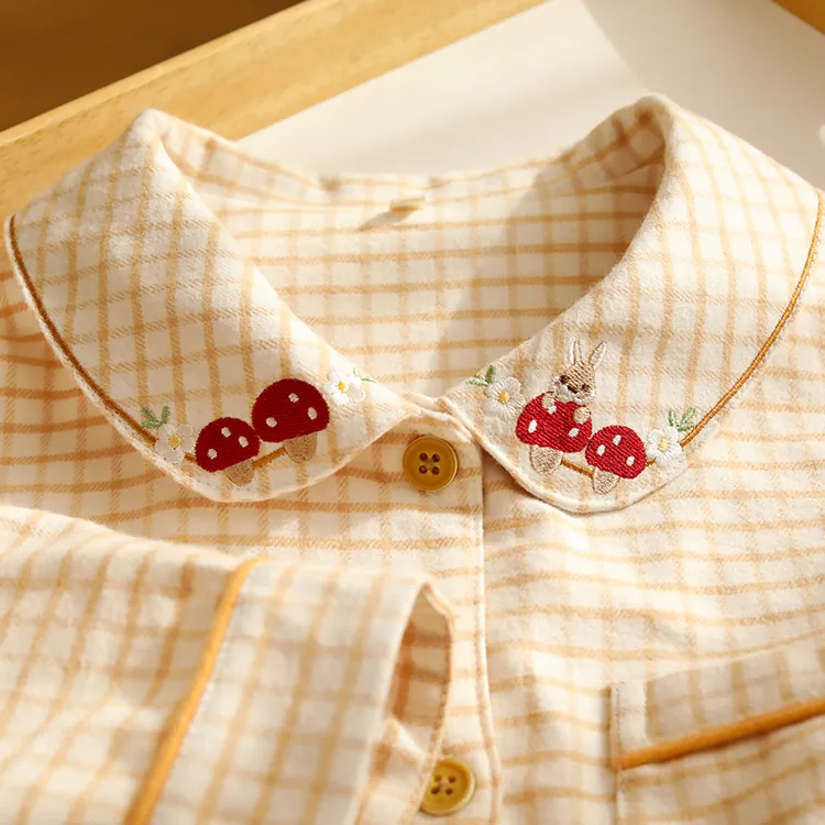 秋冬女士甜美睡衣翻领格纹纯棉磨毛宽松长袖长裤家居服套装258593