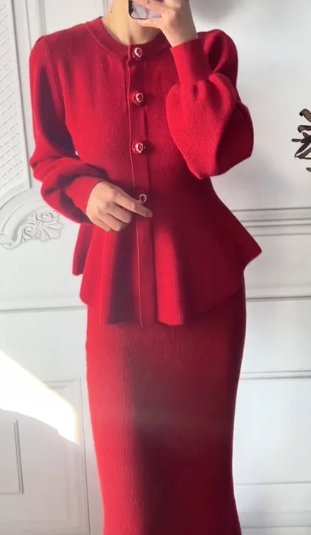 新年本命年穿搭小香风红色针织套装气质套装女