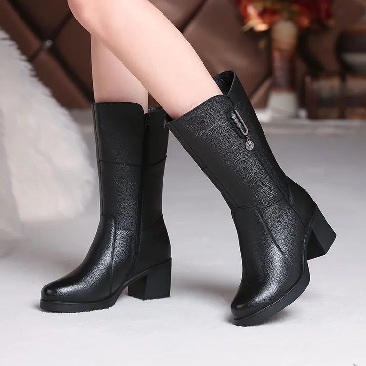 靴子女2025秋冬季真皮中筒靴加绒厚棉鞋妈妈长筒皮靴头层牛皮女靴