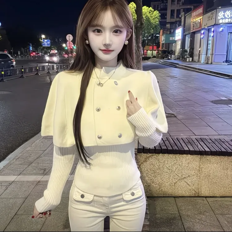 法式复古双排扣立领斗篷针织衫毛衣2025秋冬新款套装女