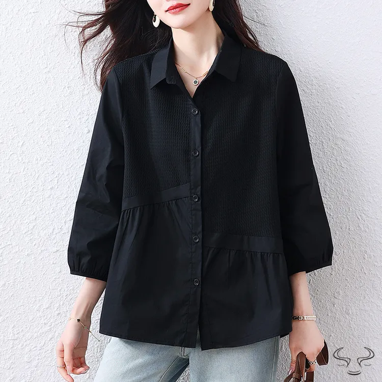 爆款七分袖衬衫女秋装新款欧货洋气打底衫衬衣时尚宽松遮肚子上衣