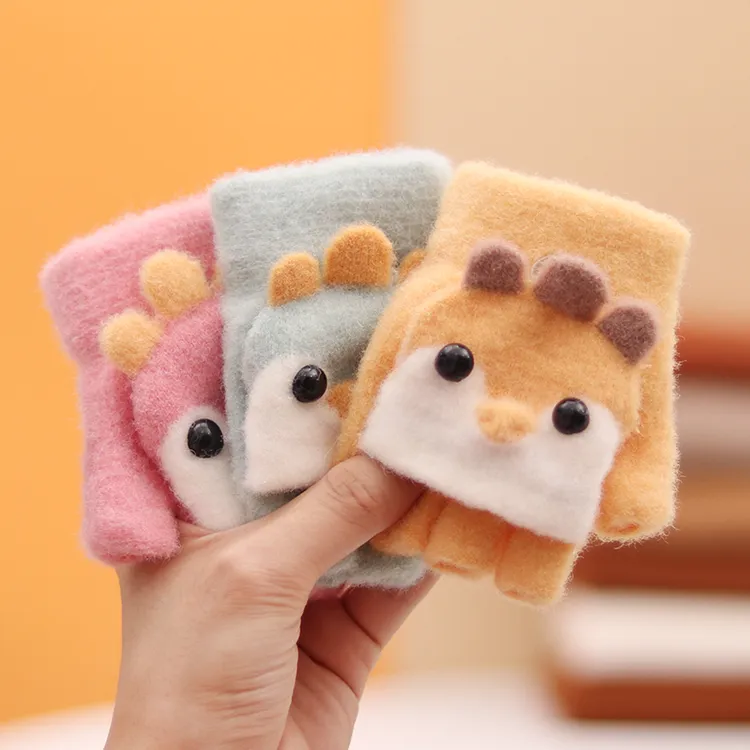 儿童手套半指翻盖冬天季保暖毛绒小学生女孩男童宝宝可爱露指写字