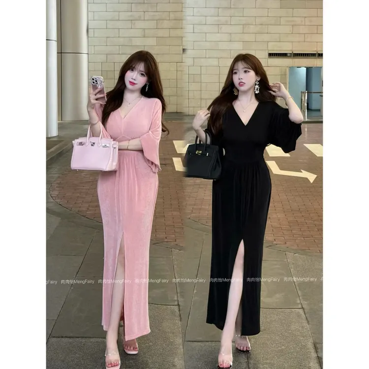 萌面侠肉肉怡【风情摇曳】显身材收腰中袖显瘦收腰连衣裙6444B