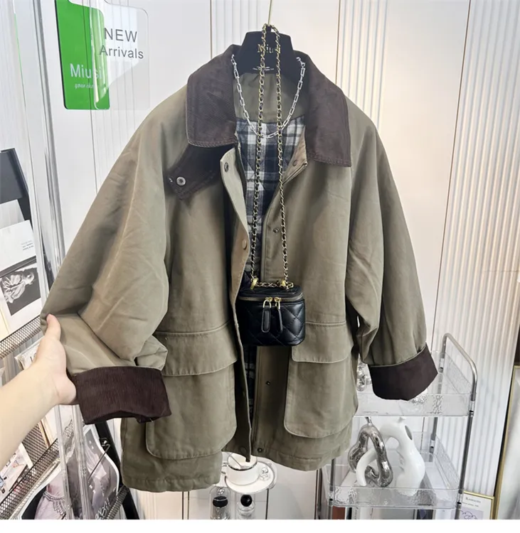 超好看棉服秋冬撞色灯芯绒翻领夹棉风衣外套女加厚休闲宽松中长款