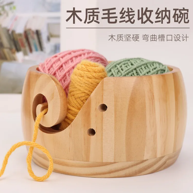 精美圆形毛线木碗 木质毛线碗日式编织毛线碗 针线收纳带盖木碗