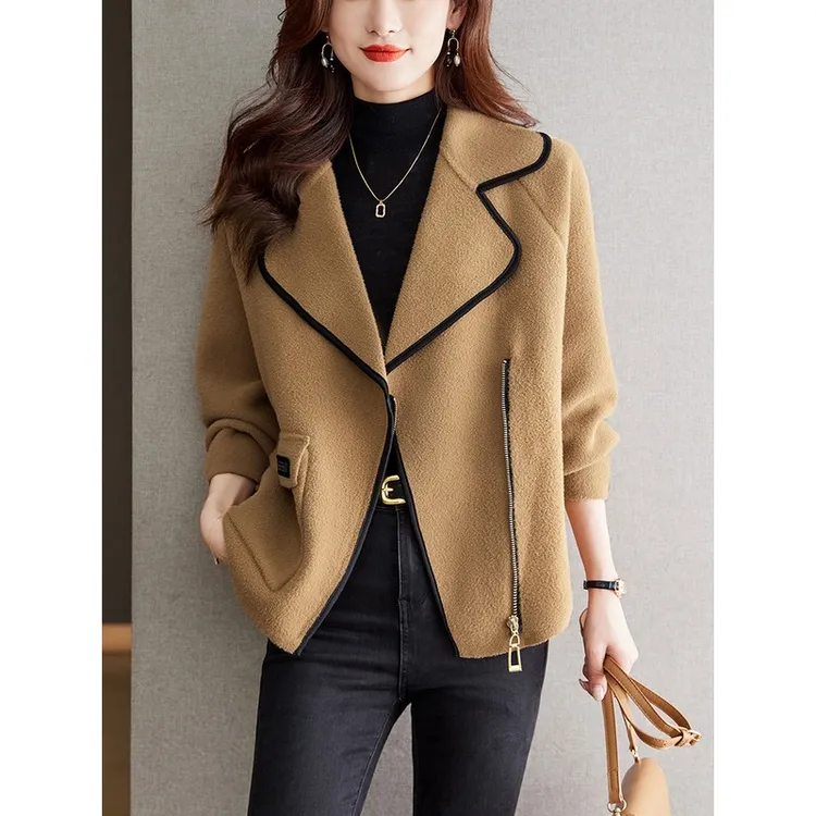 玛古芭西装领夹克女2025新款春秋季加厚貂绒外衣女式短针织开衫