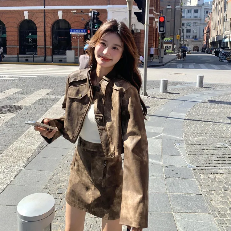 美拉德棕色皮衣外套短裙套装女春秋2025新款又a又飒半身裙两件套