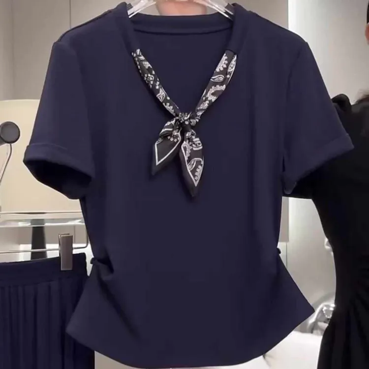 大码韩系丝巾拼接短袖t恤女夏季2025新款宽松显瘦遮肉时尚上衣女