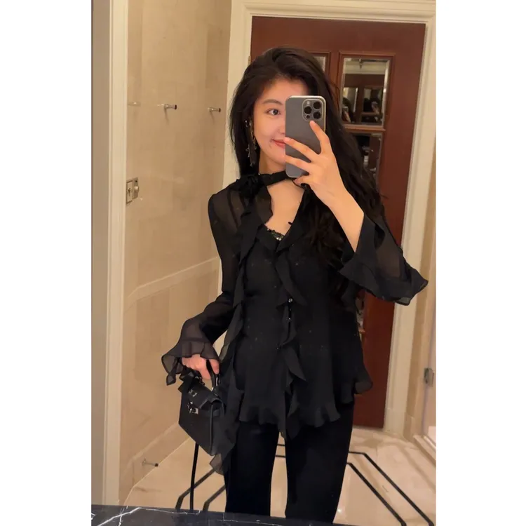 【N·COU】25秋新款【美娇娘】荷叶边花朵飘带长袖衬衫唐装DY21996