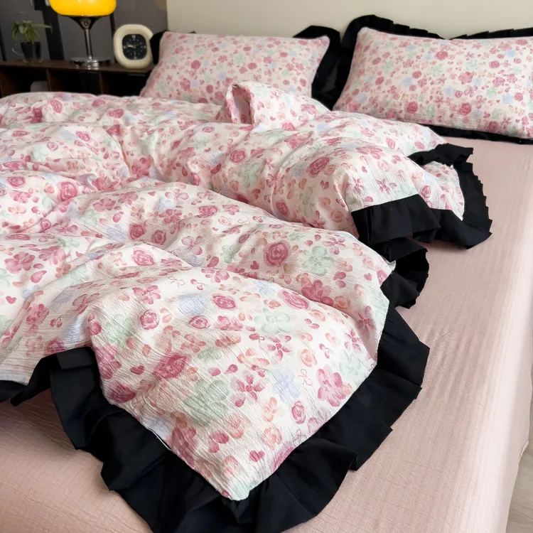 韩版荷叶边皱皱纱四件套床上用品夏季被套床单三件套家用双人被罩