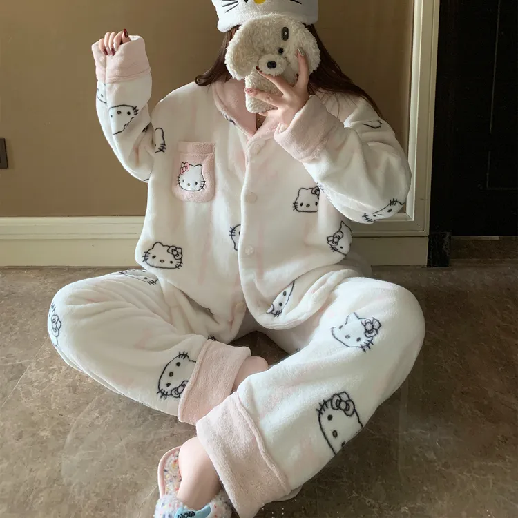 睡衣女秋冬季珊瑚绒大码加厚2025新款法兰绒kt猫套装可外穿家居服