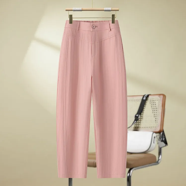 天丝亚麻女裤裤子百搭新款欧若风高腰显瘦小个子九分哈伦棉麻裤