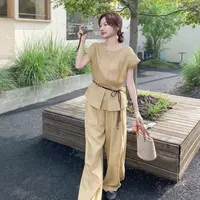 夏季纯色亚麻无袖上衣+宽松阔腿裤套装2528