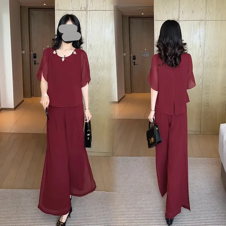 小个子时尚气质套装女休闲短袖上衣夏季新款宽松小衫阔腿裤两件套