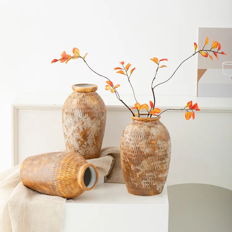 复古中式侘寂风陶瓷花瓶客厅玄关装饰插花高级感水培鲜花陶罐摆件
