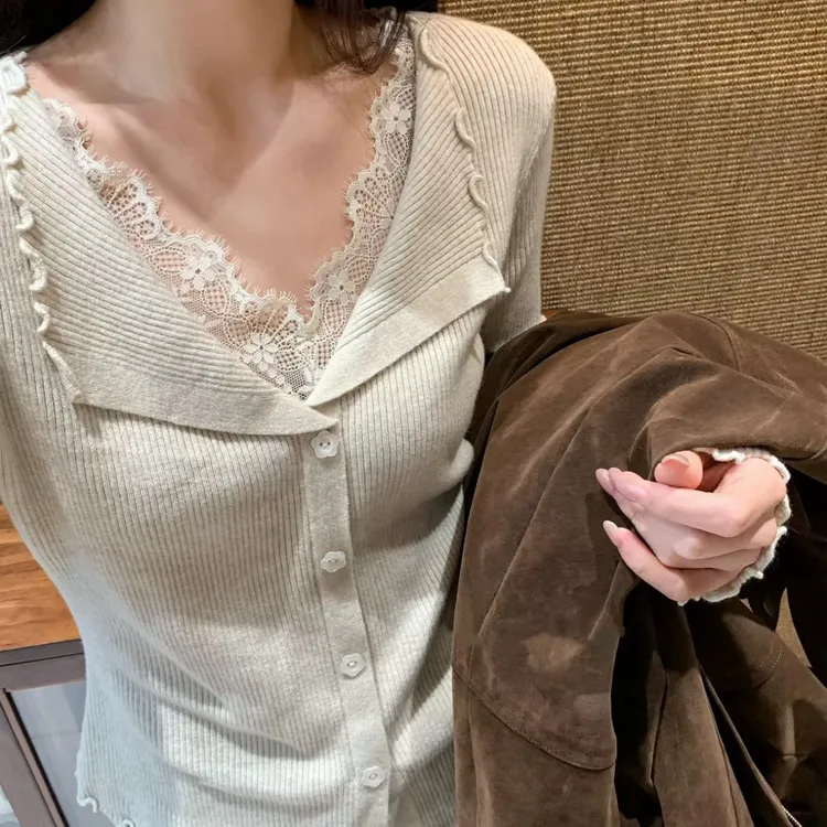 【加厚】秋冬法式蕾丝边拼接长袖毛针织衫女木耳边设计感显瘦上衣