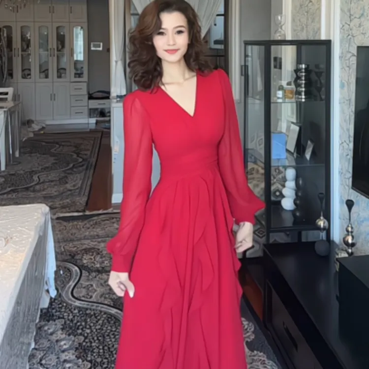 夏季法式经典V领大裙摆连衣裙