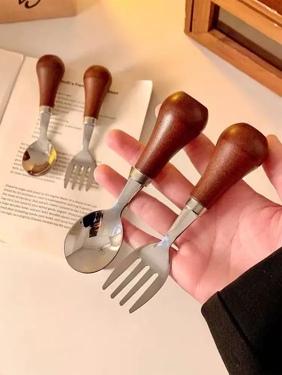 可立实木304不锈钢勺子叉子套装餐具成人儿童甜品勺叉吃饭喝汤勺