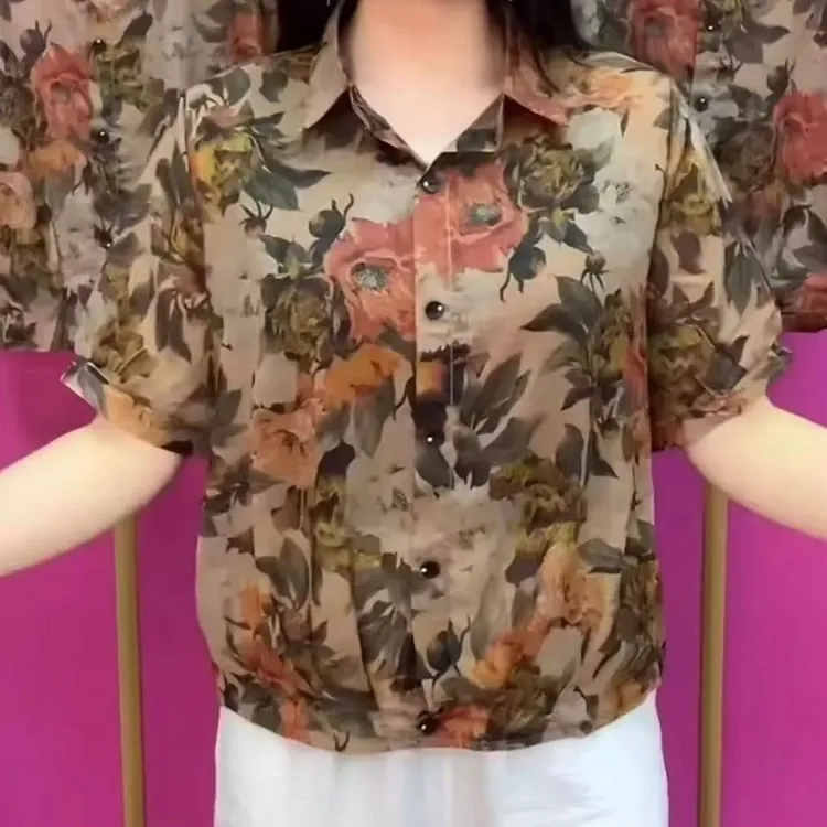 夏季新款碎花衬衫短袖衬衣中老年女装薄开衫妈妈装宽松显瘦上衣