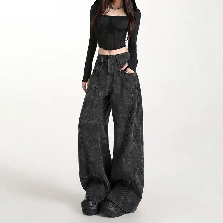黑色印花工装牛仔裤女秋冬新款小众设计感高腰宽松加绒弯刀阔腿裤