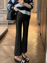 【大静静】“耀黑女王”百搭高腰显瘦蛋白皮直筒皮裤