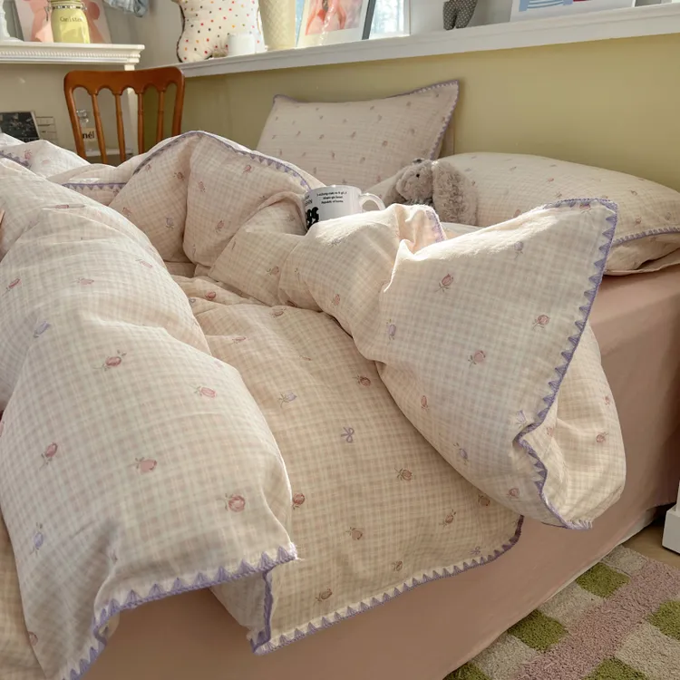 贝壳边全棉双层纱四件套A类纯棉被套床单人床上用品三件套床笠4