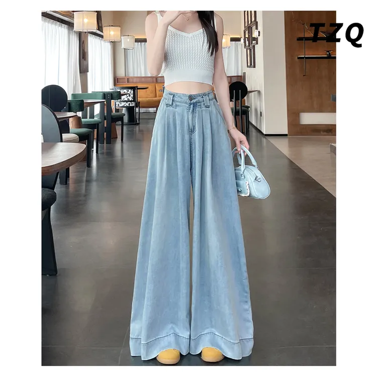 冰丝美式阔腿牛仔裤女款爆款2025高腰厚款垂感小个子直筒拖地裤子