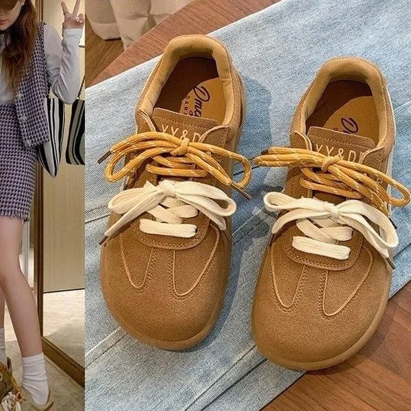 磨砂德训板鞋女2024秋季软底新款时尚复古平底圆头百搭运动休