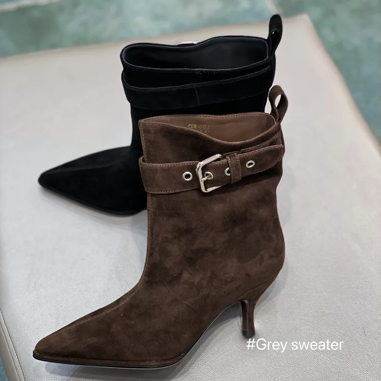 25年秋季新款商场品牌撤柜女靴牛猄皮内外全皮尖头细跟女靴时尚